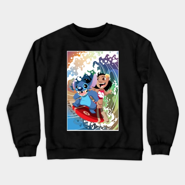 Alien Dog and Surfer Girl Crewneck Sweatshirt by CuddleswithCatsArt